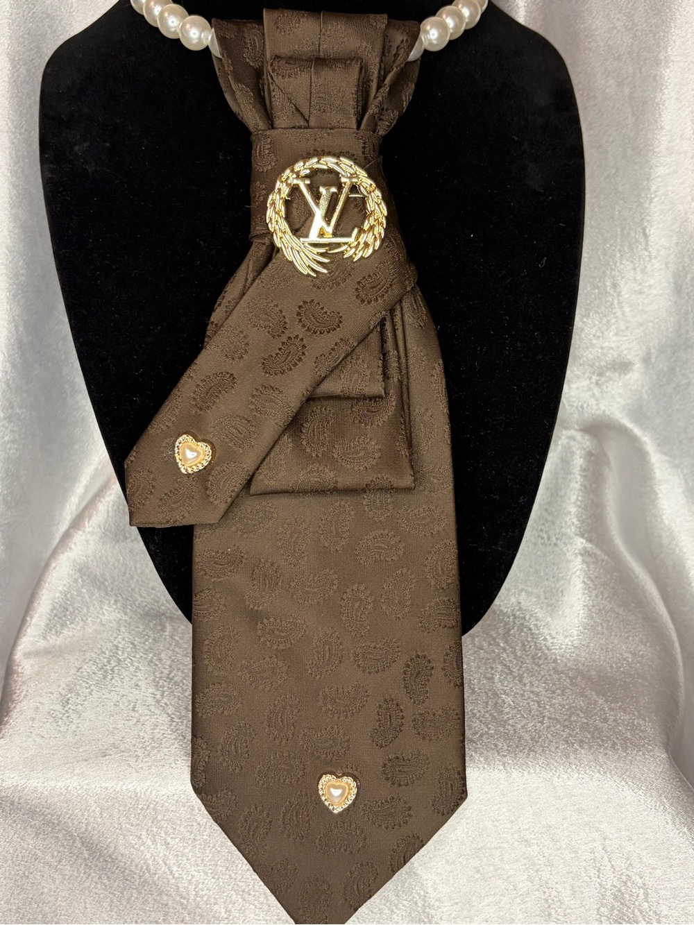 Luxury brand Brown Silk Necklace Tie with Gold Emblem